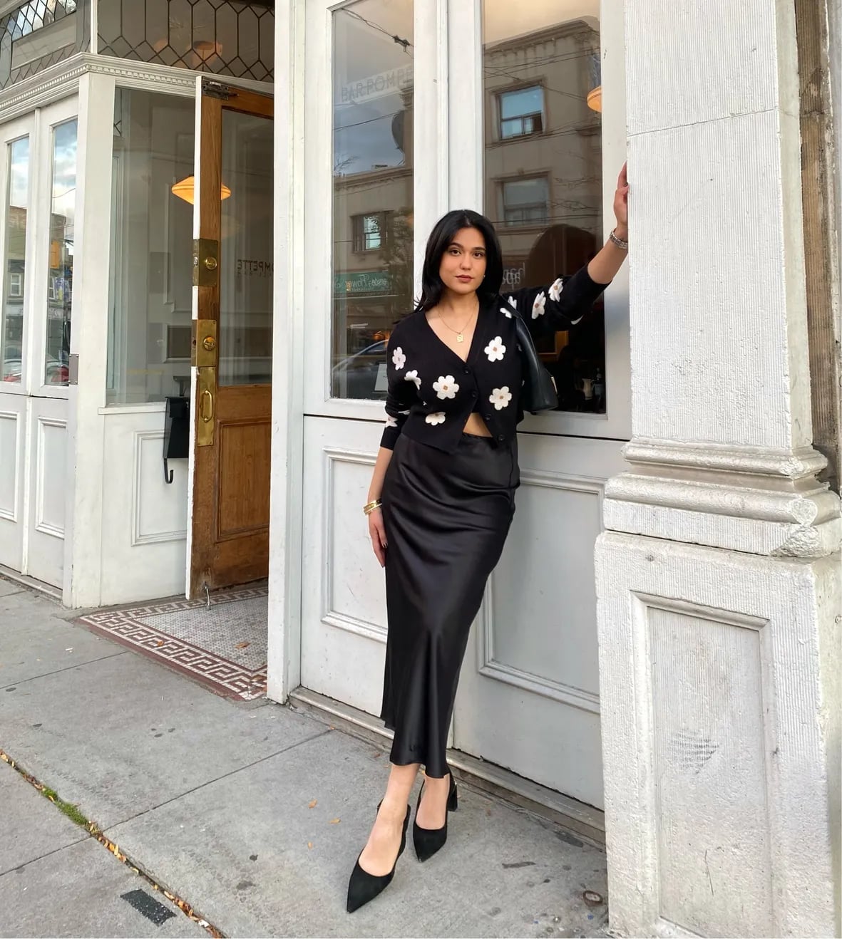 Long Satin Skirt With Floral Print Cardigan Long Satin Skirt With Floral Print Cardigan — Elegant Black Satin Skirt Outfit