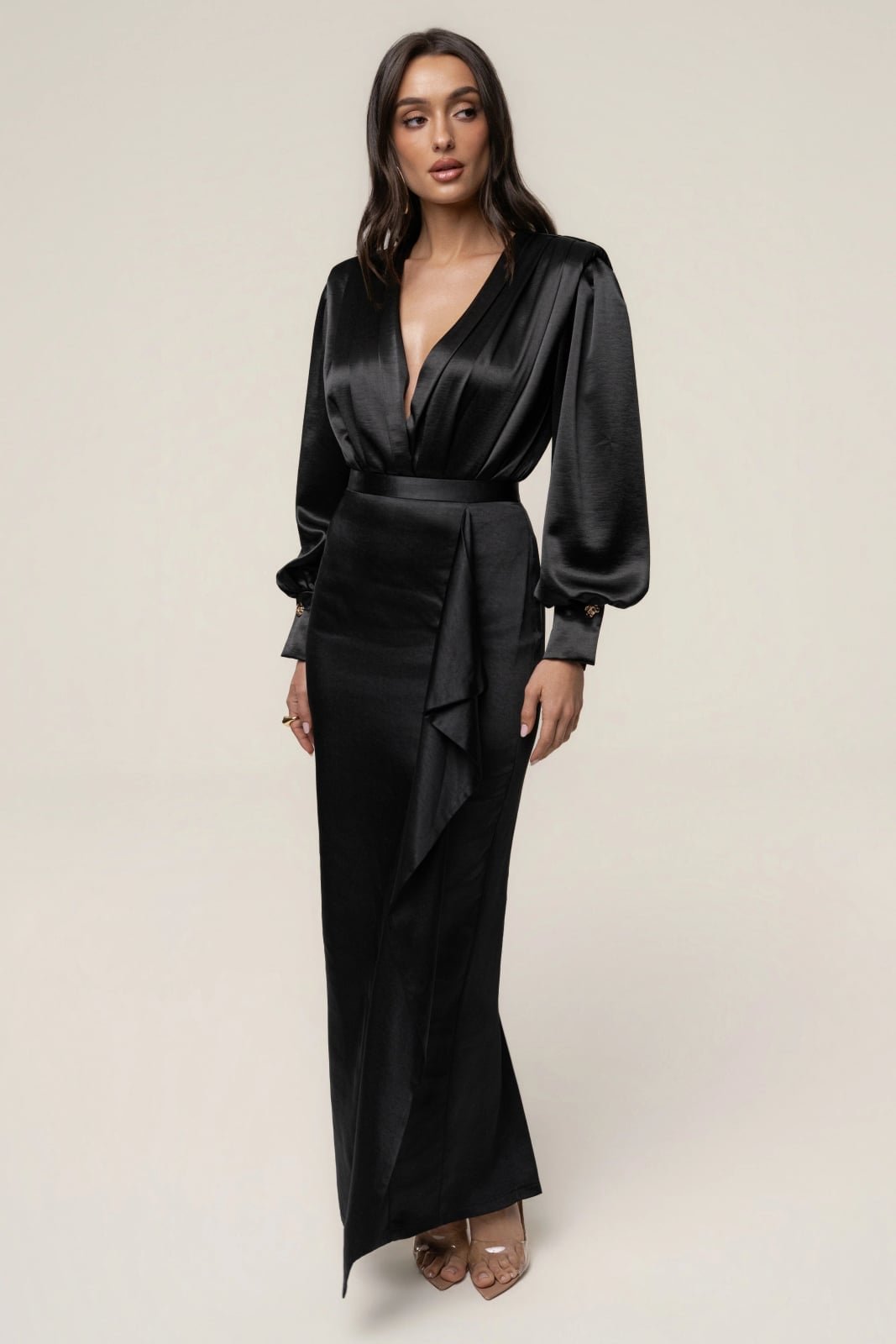 Black Satin Ruffled Skirt Outfit Black Satin Ruffled Skirt Outfit — Elegant Black Satin Skirt Outfit