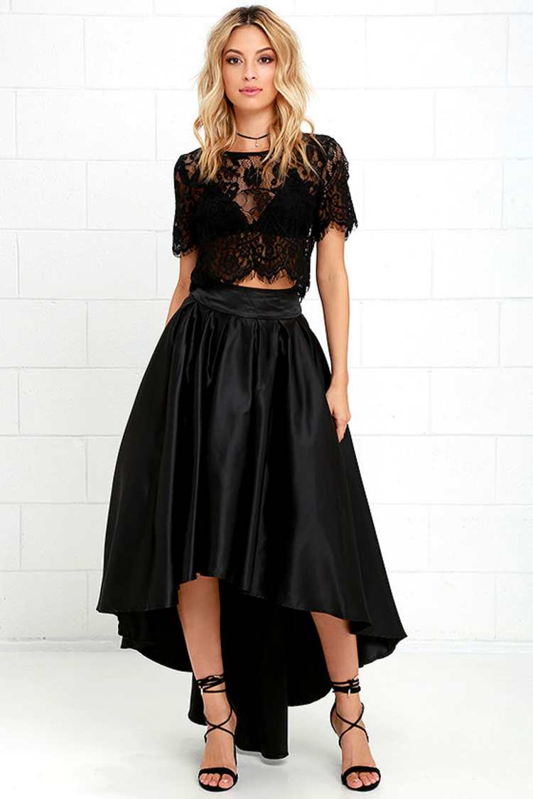 High Low Satin Skirt With Lace Crop Top High Low Satin Skirt With Lace Crop Top — Elegant Black Satin Skirt Outfit
