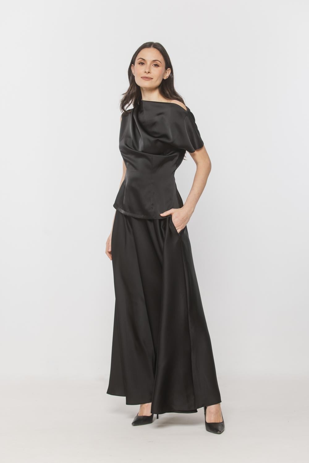 Wide Leg Satin Skirt With Off Shoulder Top Wide Leg Satin Skirt With Off Shoulder Top — Elegant Black Satin Skirt Outfit