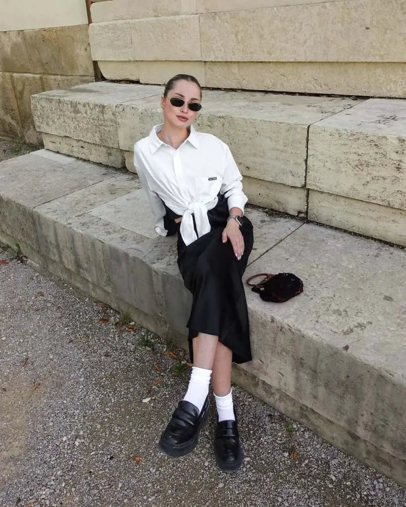 Black Satin Midi Skirt With Button Down Shirt Black Satin Midi Skirt With Button Down Shirt — Elegant Black Satin Skirt Outfit