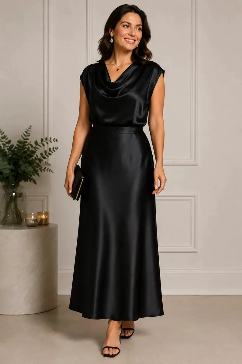 Satin Maxi Skirt With Cowl Neck Top Satin Maxi Skirt With Cowl Neck Top — Elegant Black Satin Skirt Outfit