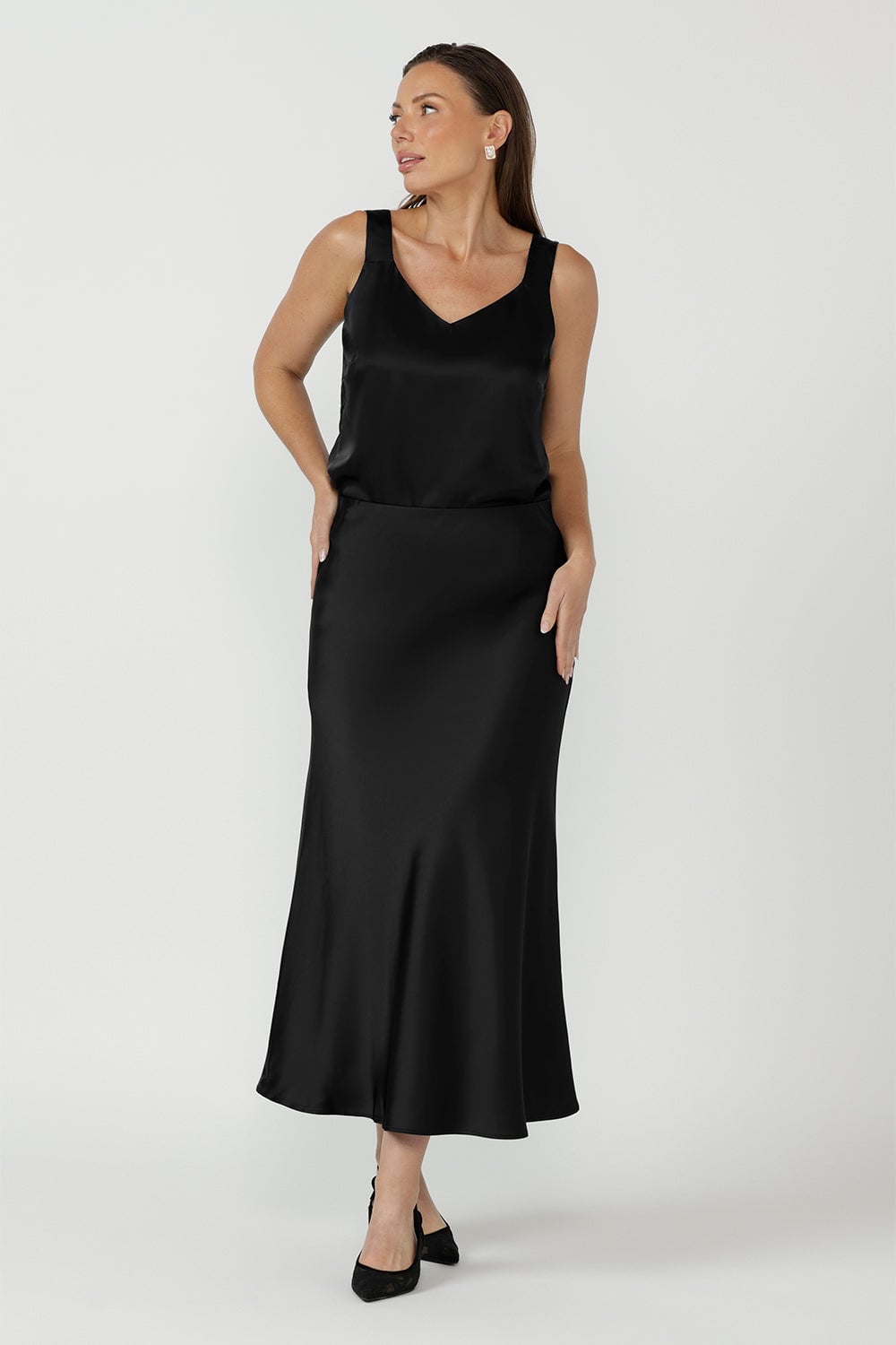 Flowing Satin A-line Skirt Flowing Satin A-line Skirt — Elegant Black Satin Skirt Outfit