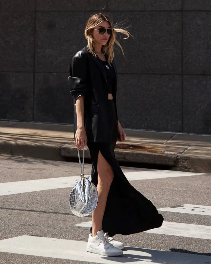 Maxi Satin Skirt With Slit And White Sneakers Maxi Satin Skirt With Slit And White Sneakers — Elegant Black Satin Skirt Outfit