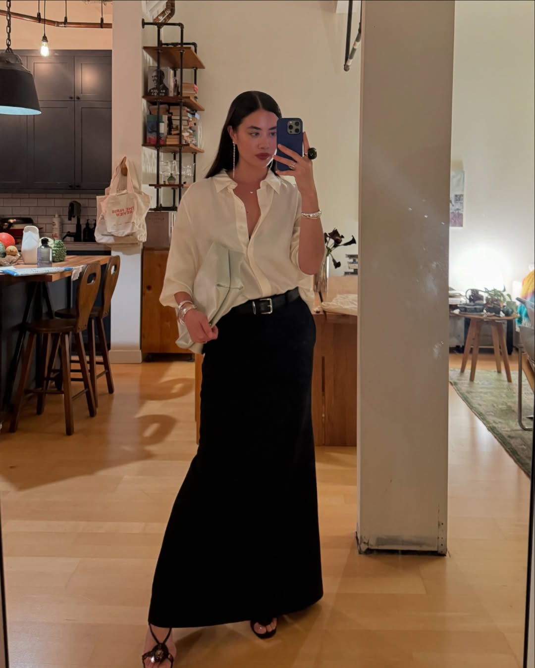 Black Satin Maxi Skirt With Oversized White Shirt Black Satin Maxi Skirt With Oversized White Shirt — Elegant Black Satin Skirt Outfit