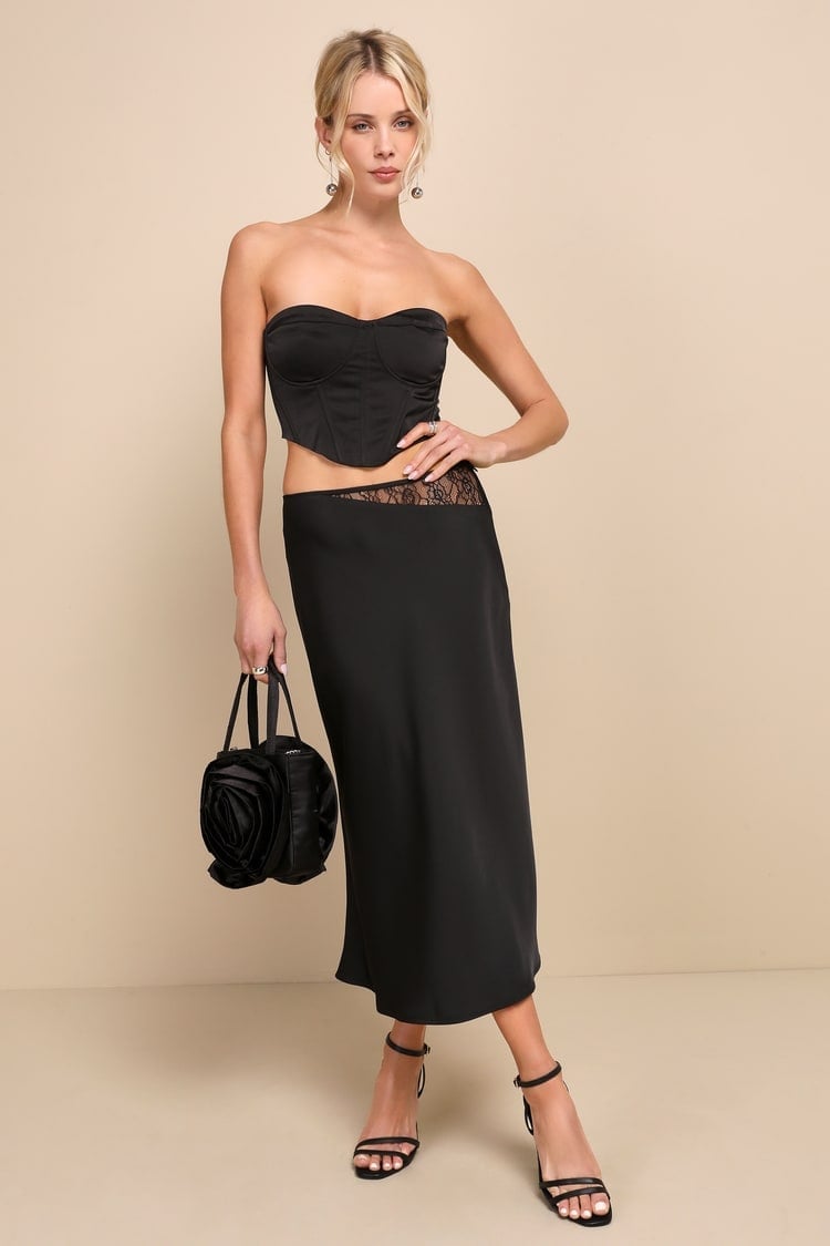 Lace Trim Satin Midi Skirt With Corset Top and Black Strappy Sandals Lace Trim Satin Midi Skirt With Corset Top and Black Strappy Sandals — Elegant Black Satin Skirt Outfit
