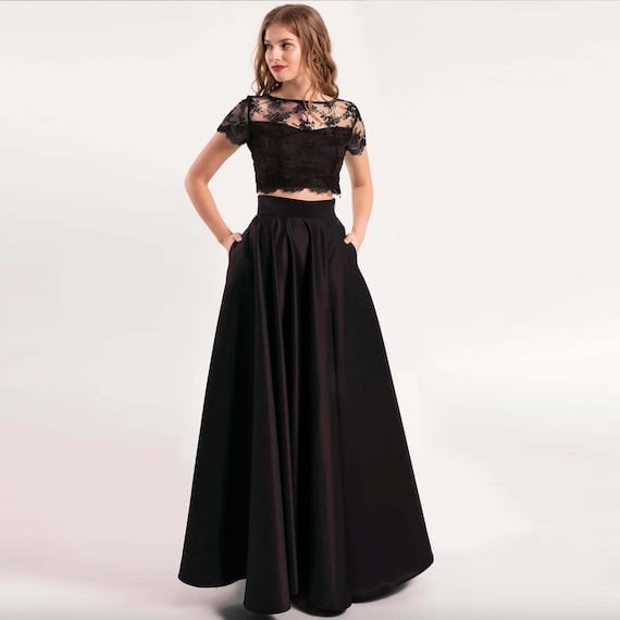 Full A-line Satin Skirt With Lace Crop Top Full A-line Satin Skirt With Lace Crop Top — Elegant Black Satin Skirt Outfit