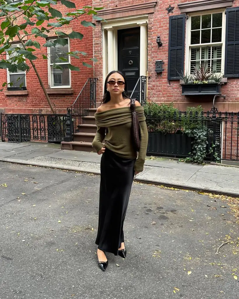 Satin Maxi Skirt With Olive Knit Top Satin Maxi Skirt With Olive Knit Top — Elegant Black Satin Skirt Outfit
