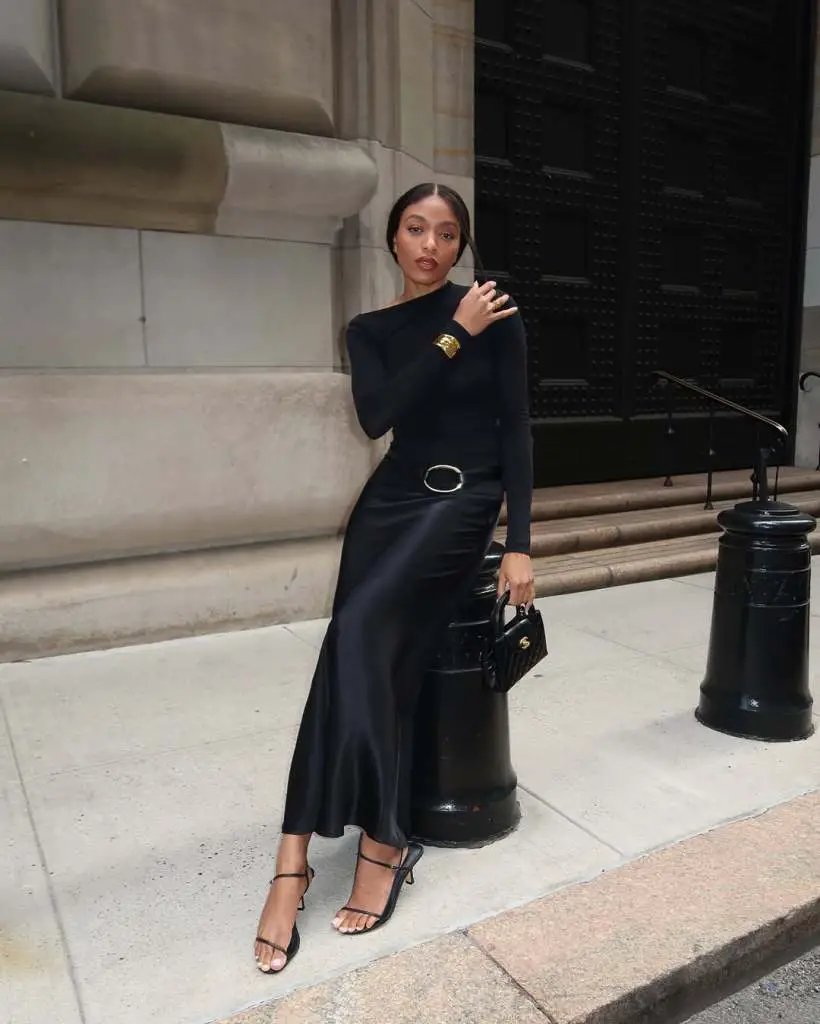 Black Satin Maxi Skirt With Long Sleeve Top Black Satin Maxi Skirt With Long Sleeve Top — Elegant Black Satin Skirt Outfit
