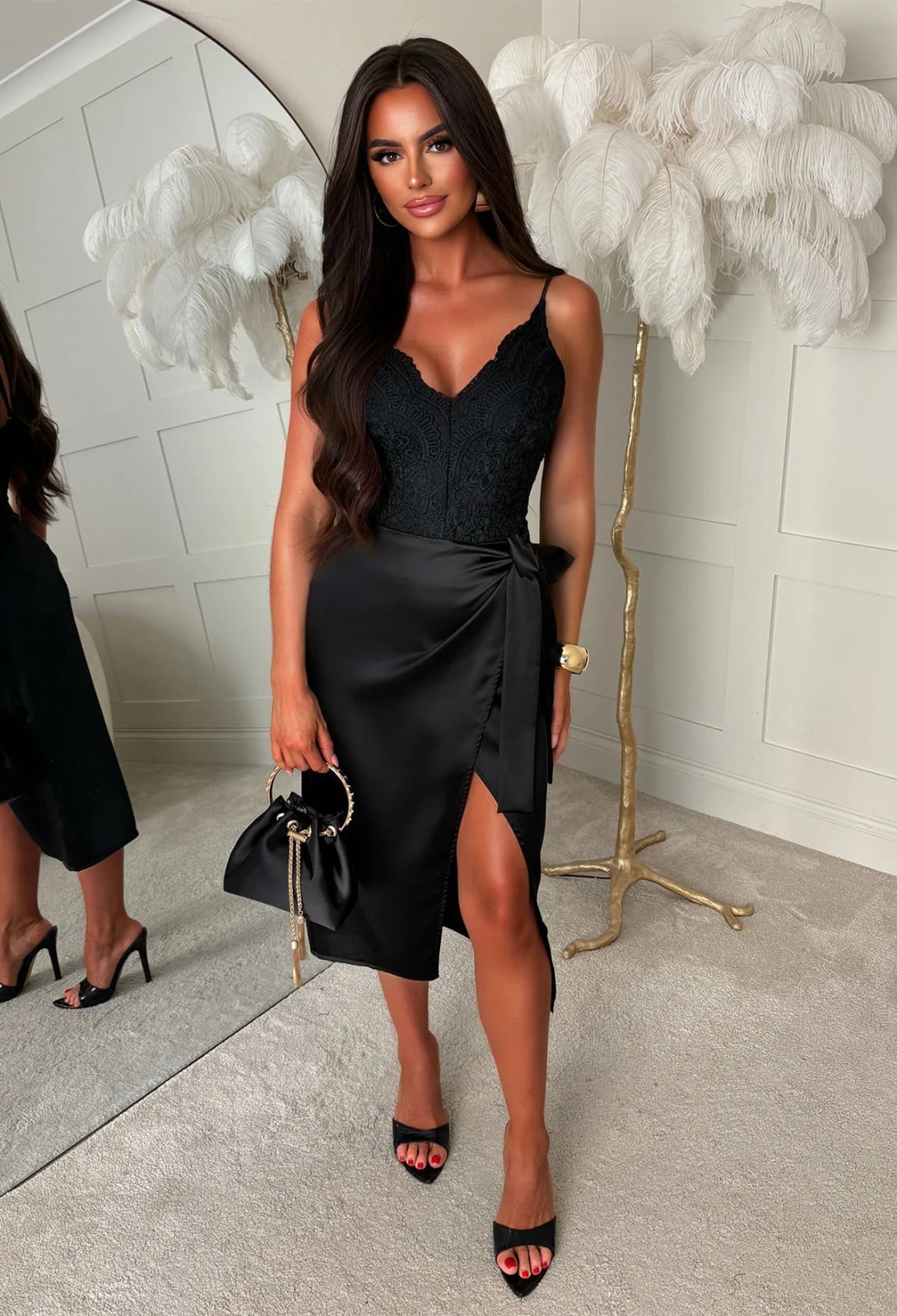 Wrap Satin Skirt With Lace Camisole Wrap Satin Skirt With Lace Camisole — Elegant Black Satin Skirt Outfit
