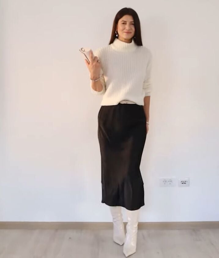 Satin Midi Skirt With White Ribbed Turtleneck Satin Midi Skirt With White Ribbed Turtleneck — Elegant Black Satin Skirt Outfit
