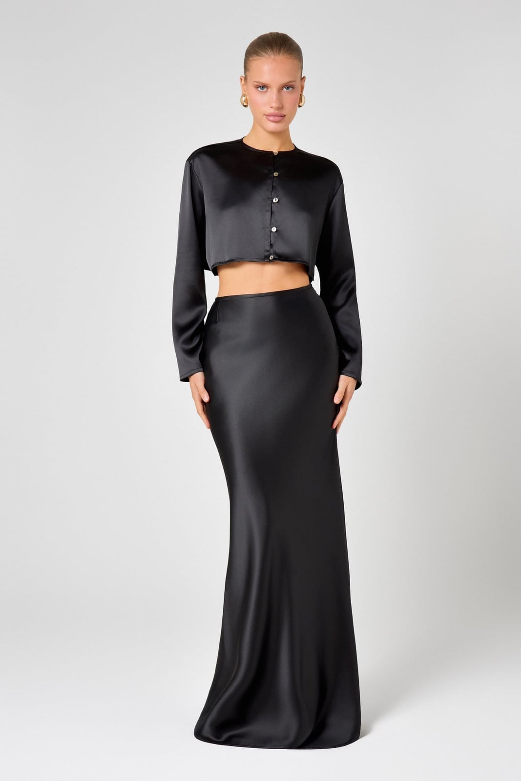 Maxi Satin Skirt With Cropped Top Maxi Satin Skirt With Cropped Top — Elegant Black Satin Skirt Outfit