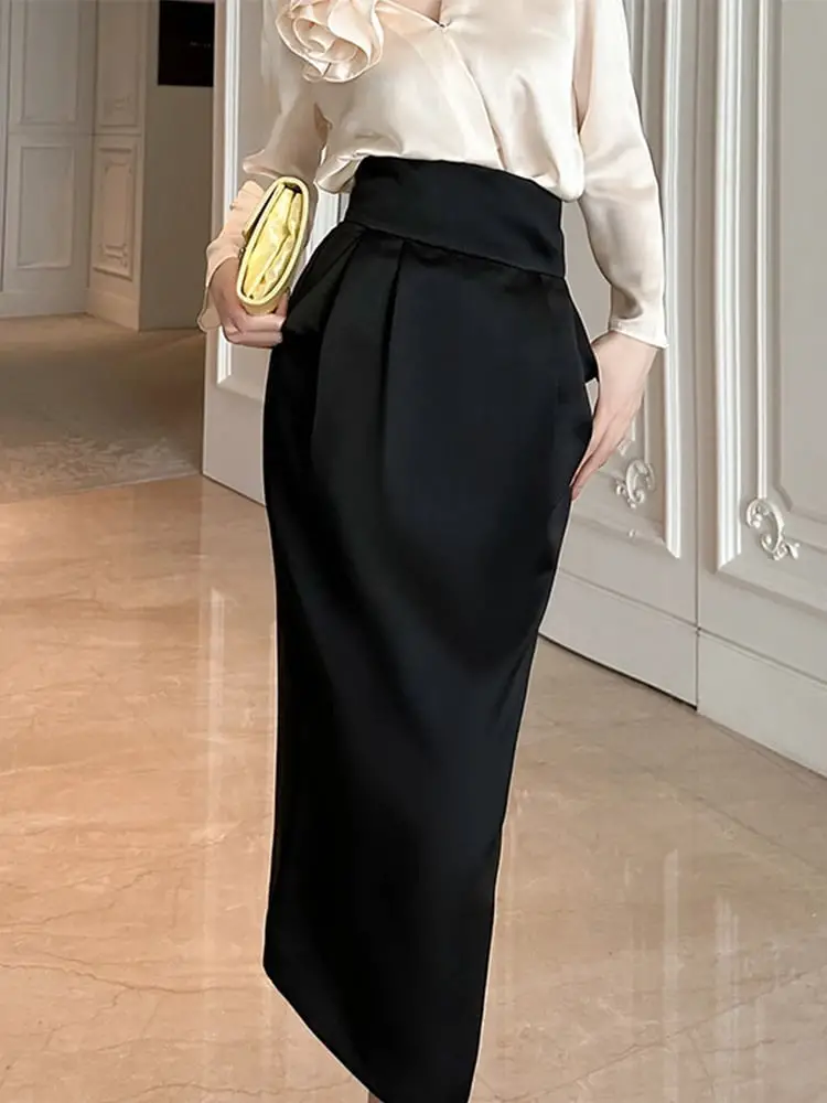 High Waisted Pleated Satin Pencil Skirt High Waisted Pleated Satin Pencil Skirt — Elegant Black Satin Skirt Outfit