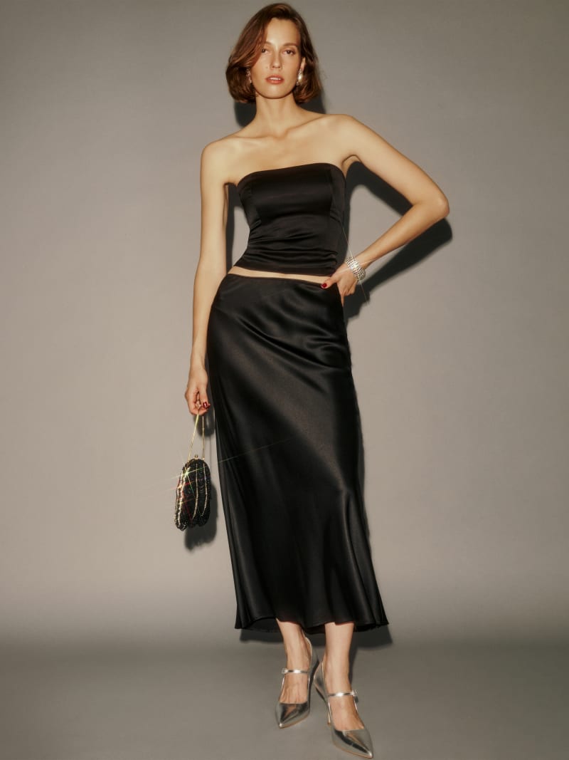 Satin Slip Skirt With Strapless Top Satin Slip Skirt With Strapless Top — Elegant Black Satin Skirt Outfit