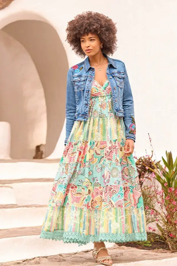 Colorful Tiered Maxi Dress with Denim Jacket Colorful Tiered Maxi Dress with Denim Jacket — Elegant Boho Outfits