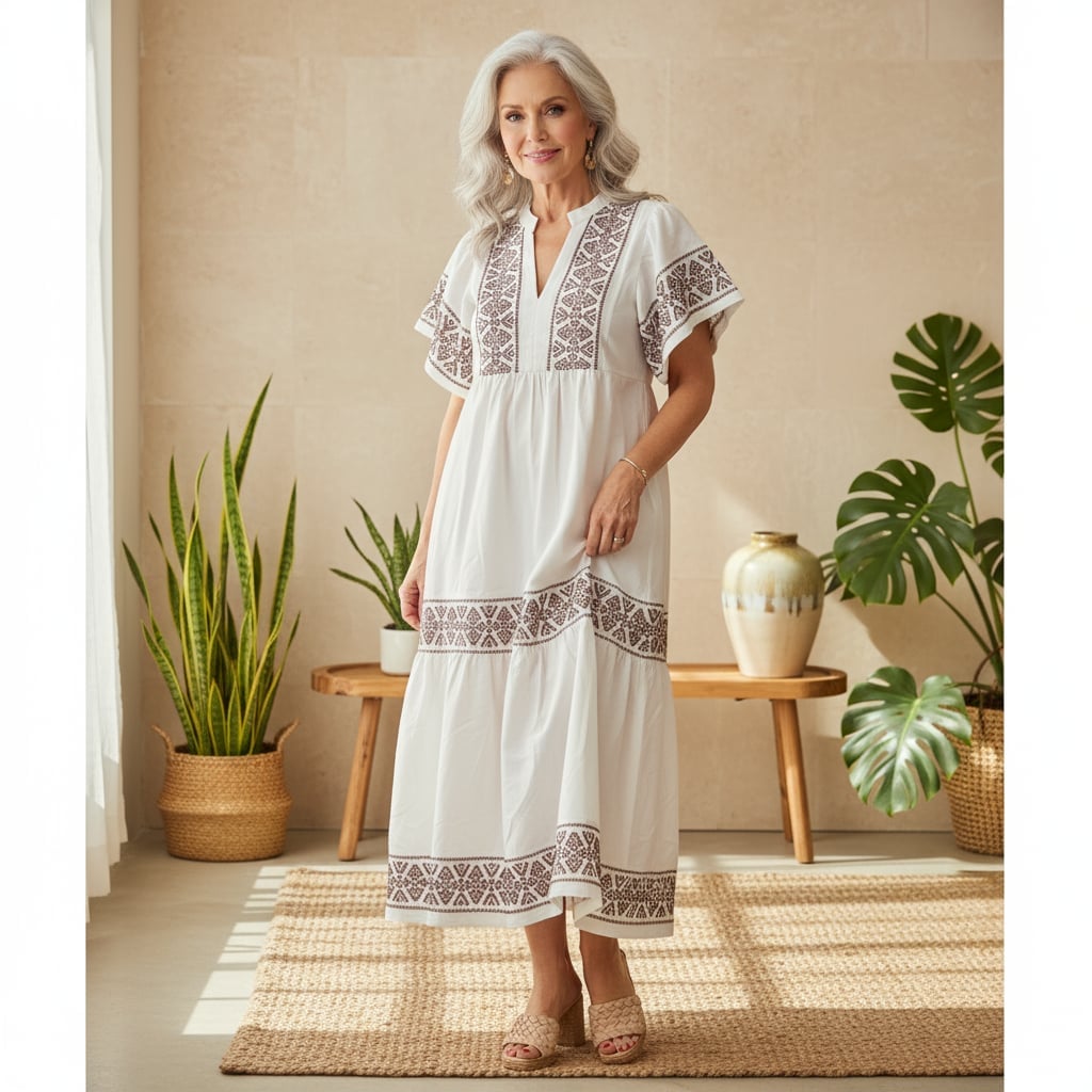White Tiered Maxi Dress with Geometric Embroidery White Tiered Maxi Dress with Geometric Embroidery — Elegant Boho Outfits