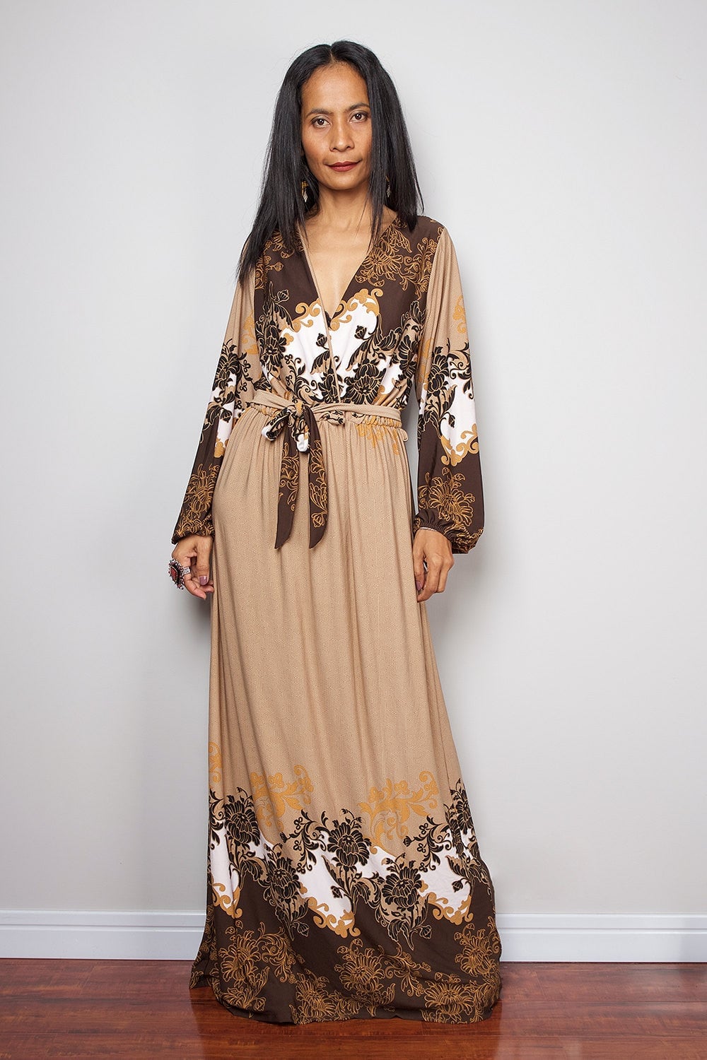 Beige Floral Print Tie-Waist Maxi Dress Beige Floral Print Tie-Waist Maxi Dress — Elegant Boho Outfits