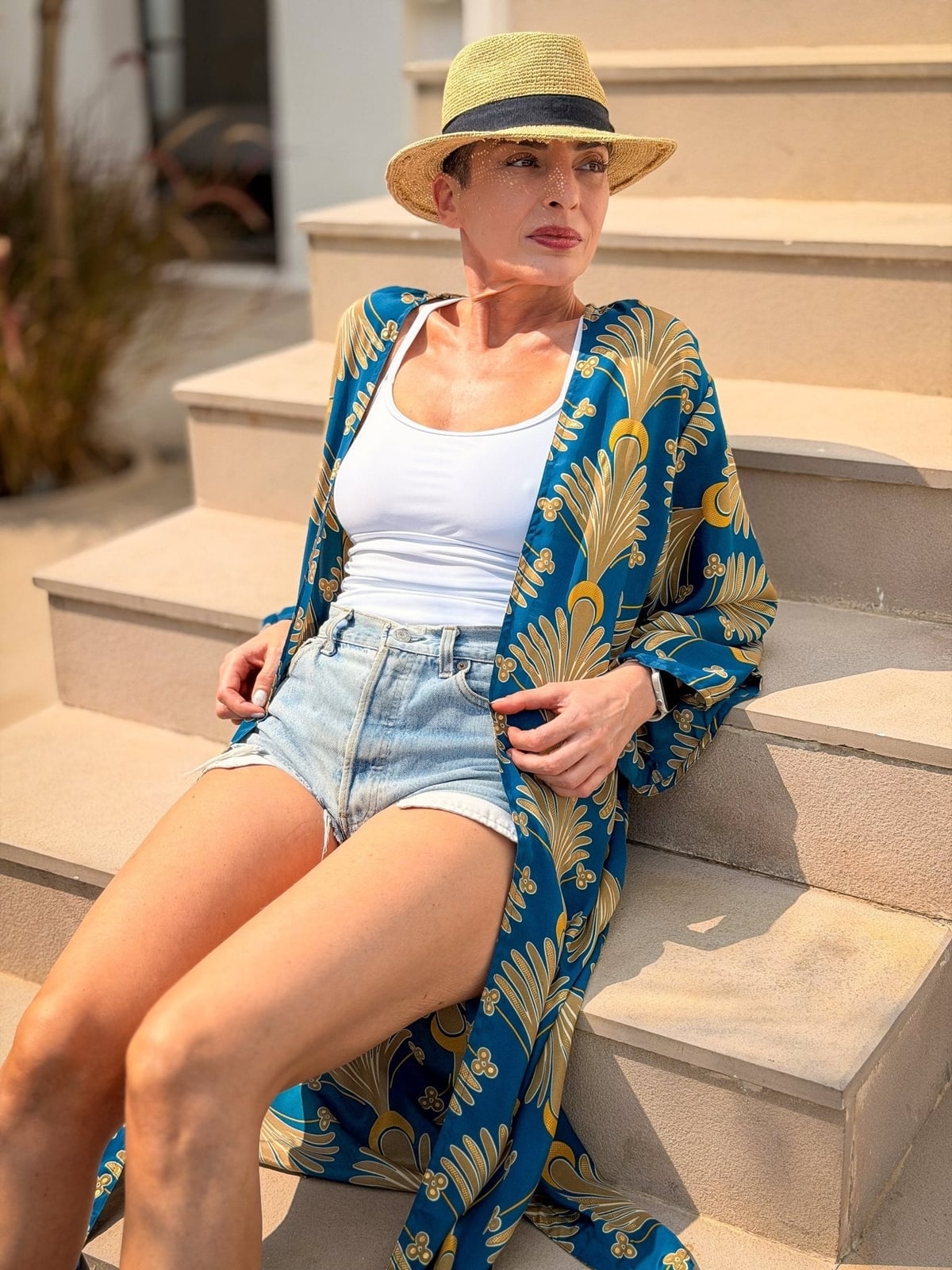 White Tank Top and Denim Shorts with Patterned, Office-Safe Version White Tank Top and Denim Shorts with Patterned, Office-Safe Version — Elegant Boho Outfits