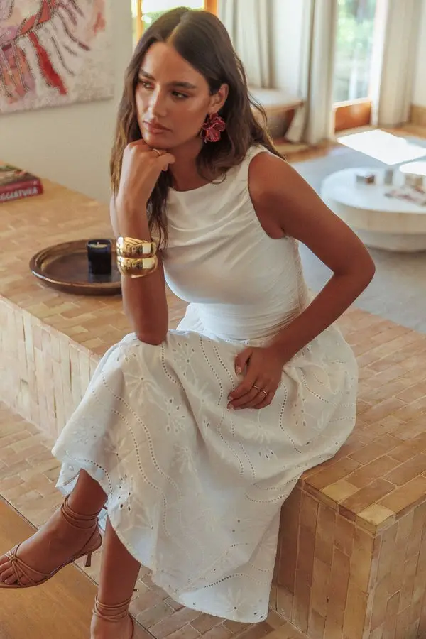 White Ruched Top with Eyelet Midi Skirt and Tan Heeled Sandals White Ruched Top with Eyelet Midi Skirt and Tan Heeled Sandals — Elegant Boho Outfits