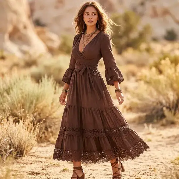 Brown Tiered Midi Dress with Lace Trim Brown Tiered Midi Dress with Lace Trim — Elegant Boho Outfits