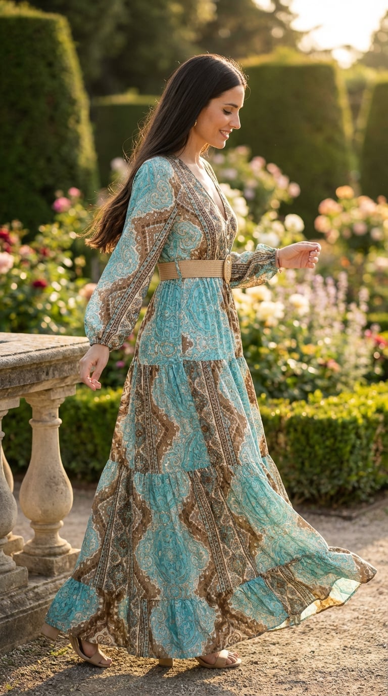 Blue Paisley Tiered Maxi Dress with Woven Belt Blue Paisley Tiered Maxi Dress with Woven Belt — Elegant Boho Outfits