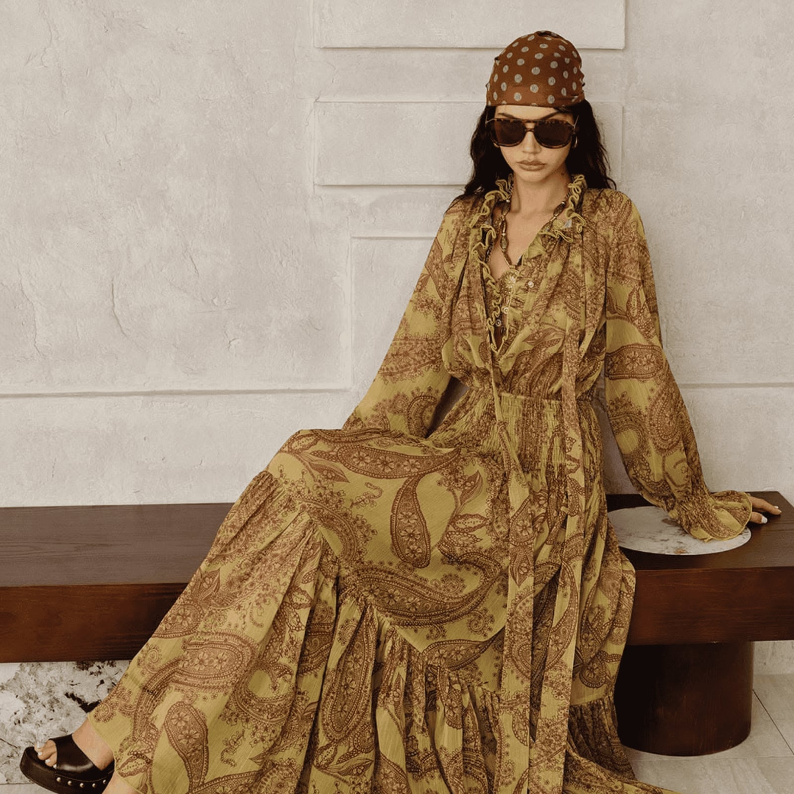 Olive Paisley Maxi Dress with Headscarf Olive Paisley Maxi Dress with Headscarf — Elegant Boho Outfits