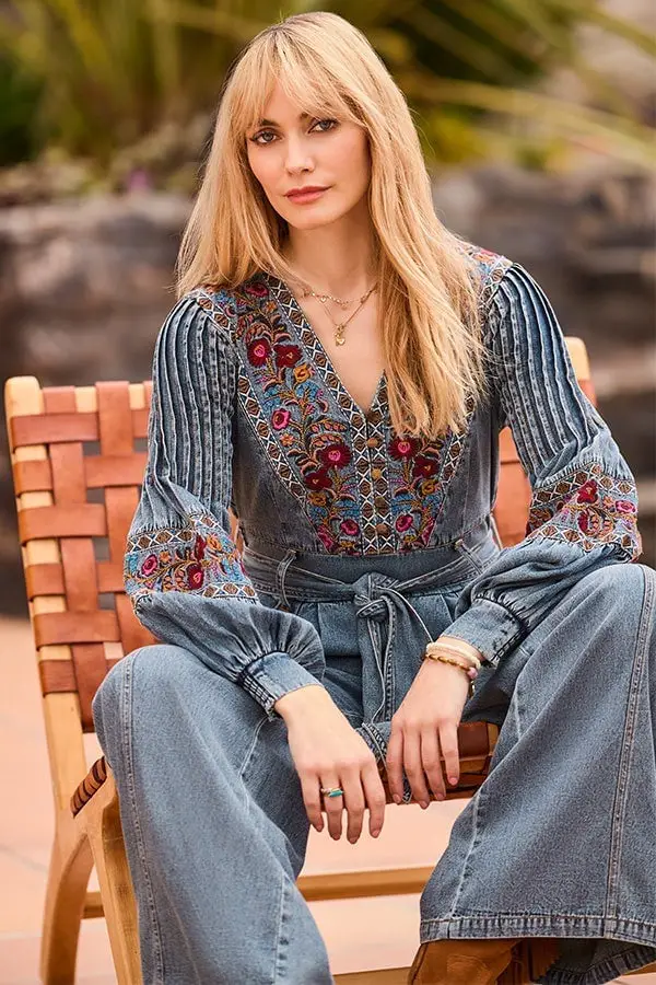 Embroidered Denim Top with Wide-Leg Jeans Embroidered Denim Top with Wide-Leg Jeans — Elegant Boho Outfits