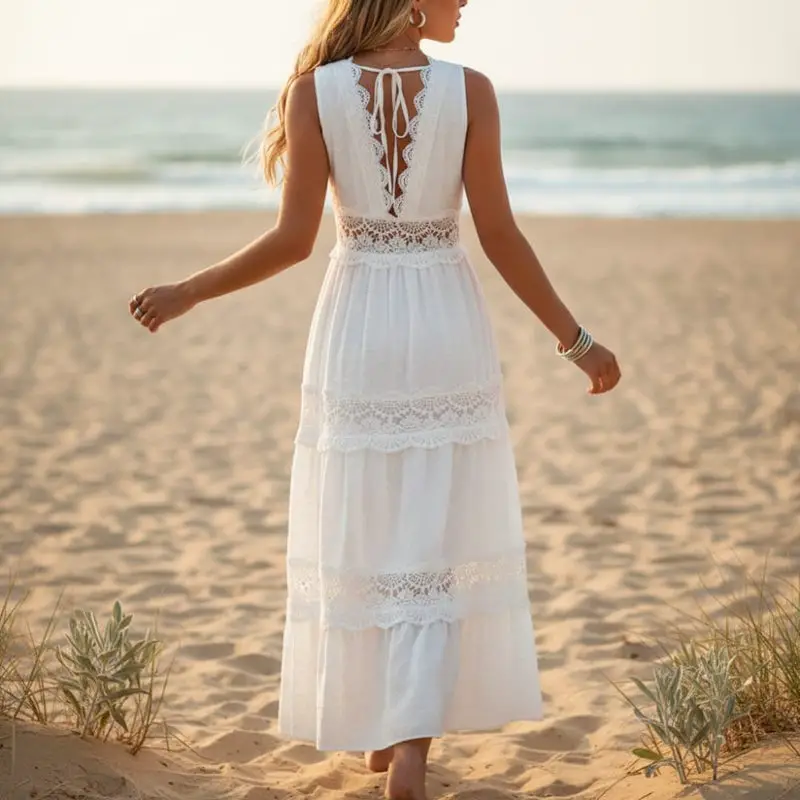 White Lace Tiered Maxi Dress with Hoop Earrings White Lace Tiered Maxi Dress with Hoop Earrings — Elegant Boho Outfits