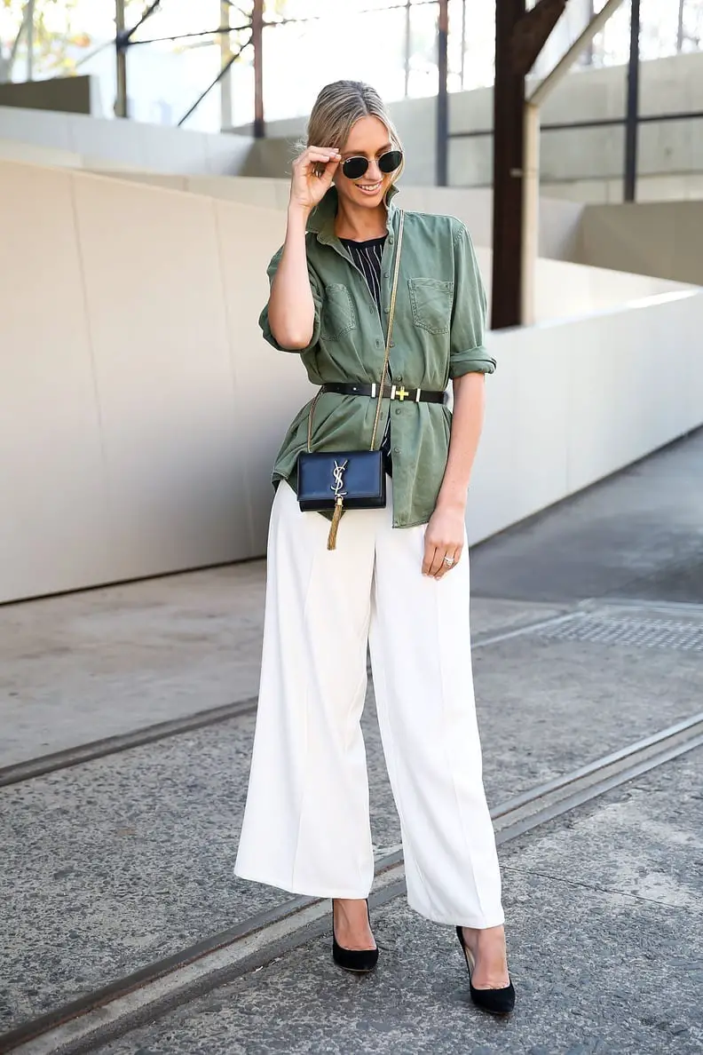Belted Khaki Shirt Over White Trousers — Elegant Hot Weather Outfits