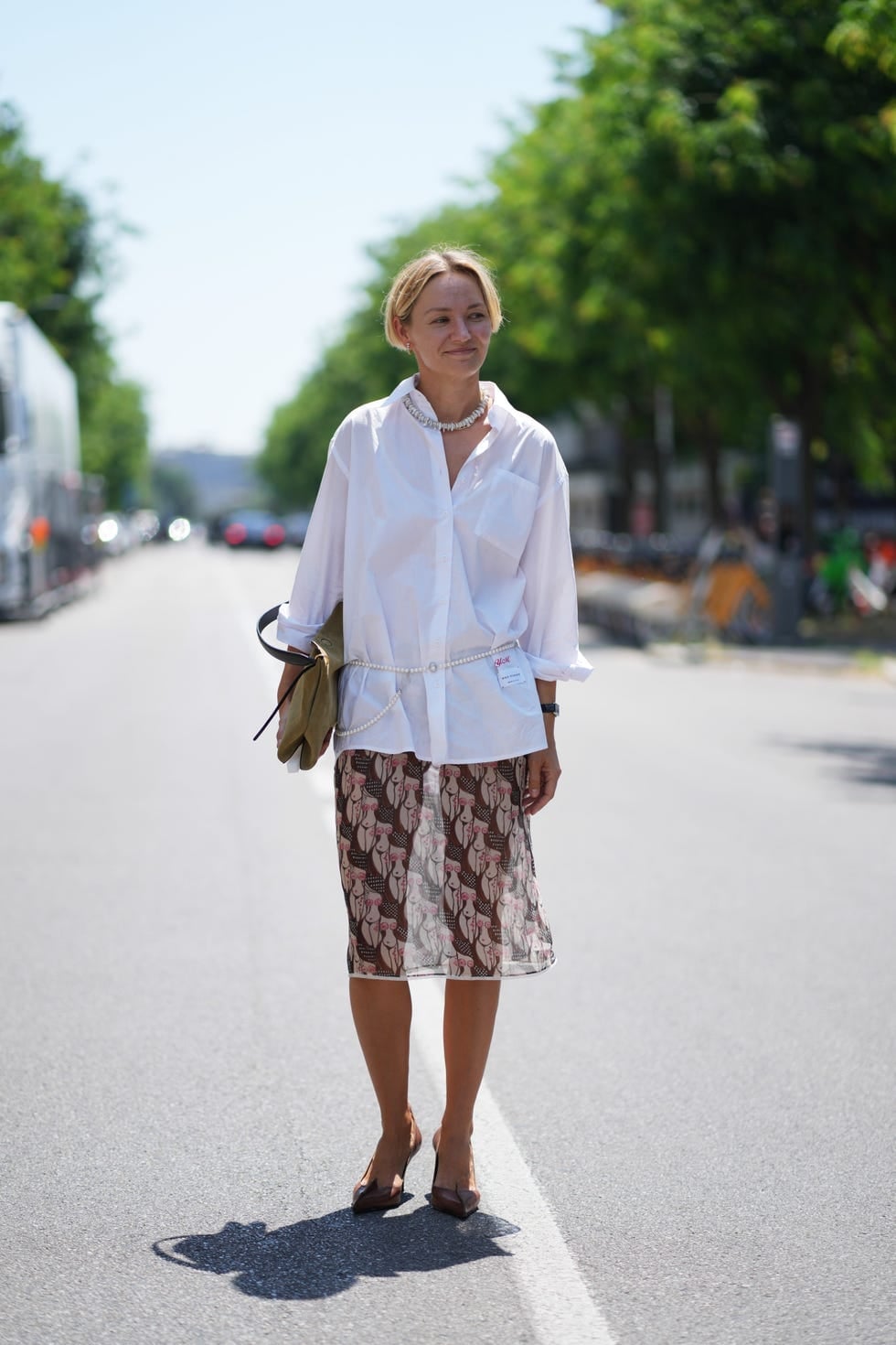 Oversized White Shirt and Sheer Printed Skirt — Elegant Hot Weather Outfits