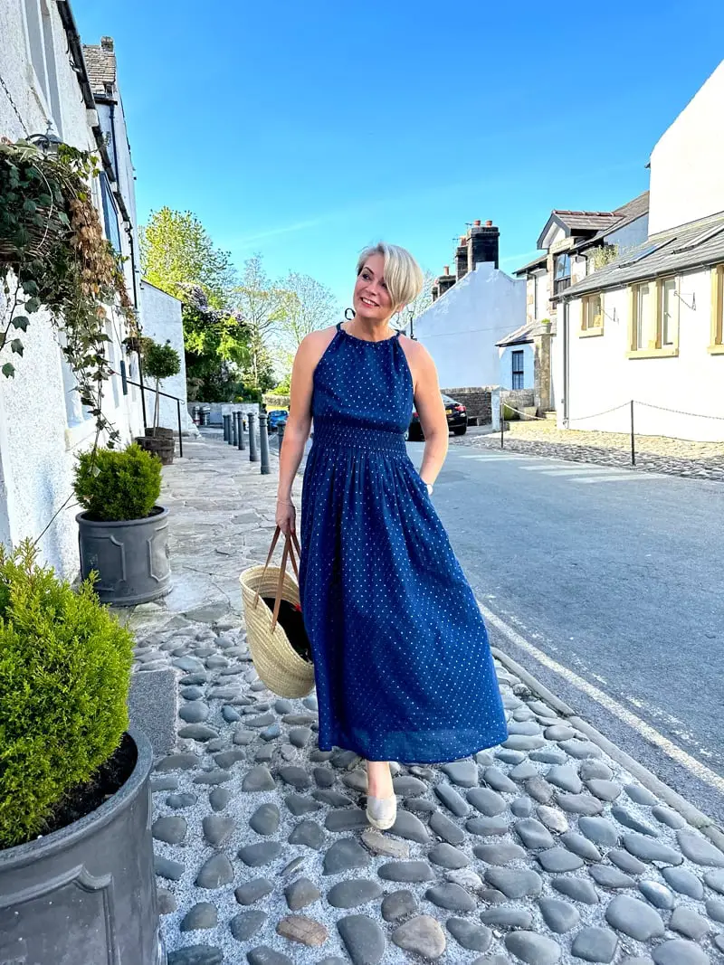 Polka Dot Maxi Dress with Smocked Bodice — Elegant Hot Weather Outfits