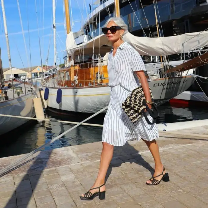 Striped Shirt Dress with Block Heels — Elegant Hot Weather Outfits