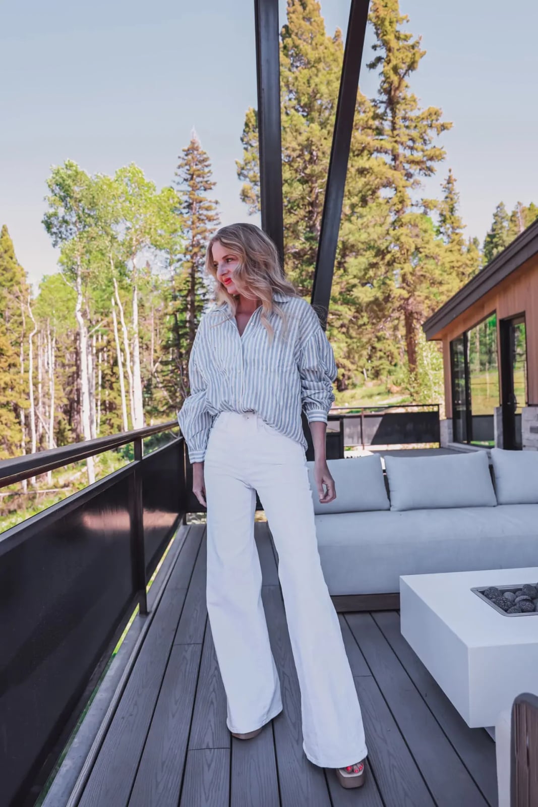 Striped Button-Down with White Wide-Leg Trousers — Elegant Hot Weather Outfits
