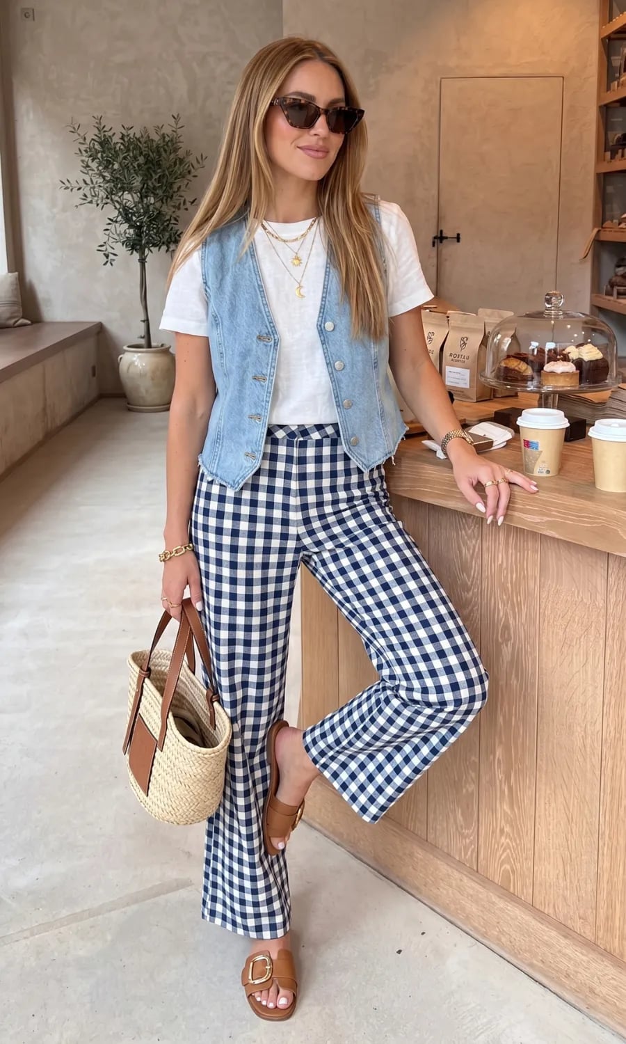 Denim Vest Over Gingham Trousers — Elegant Hot Weather Outfits