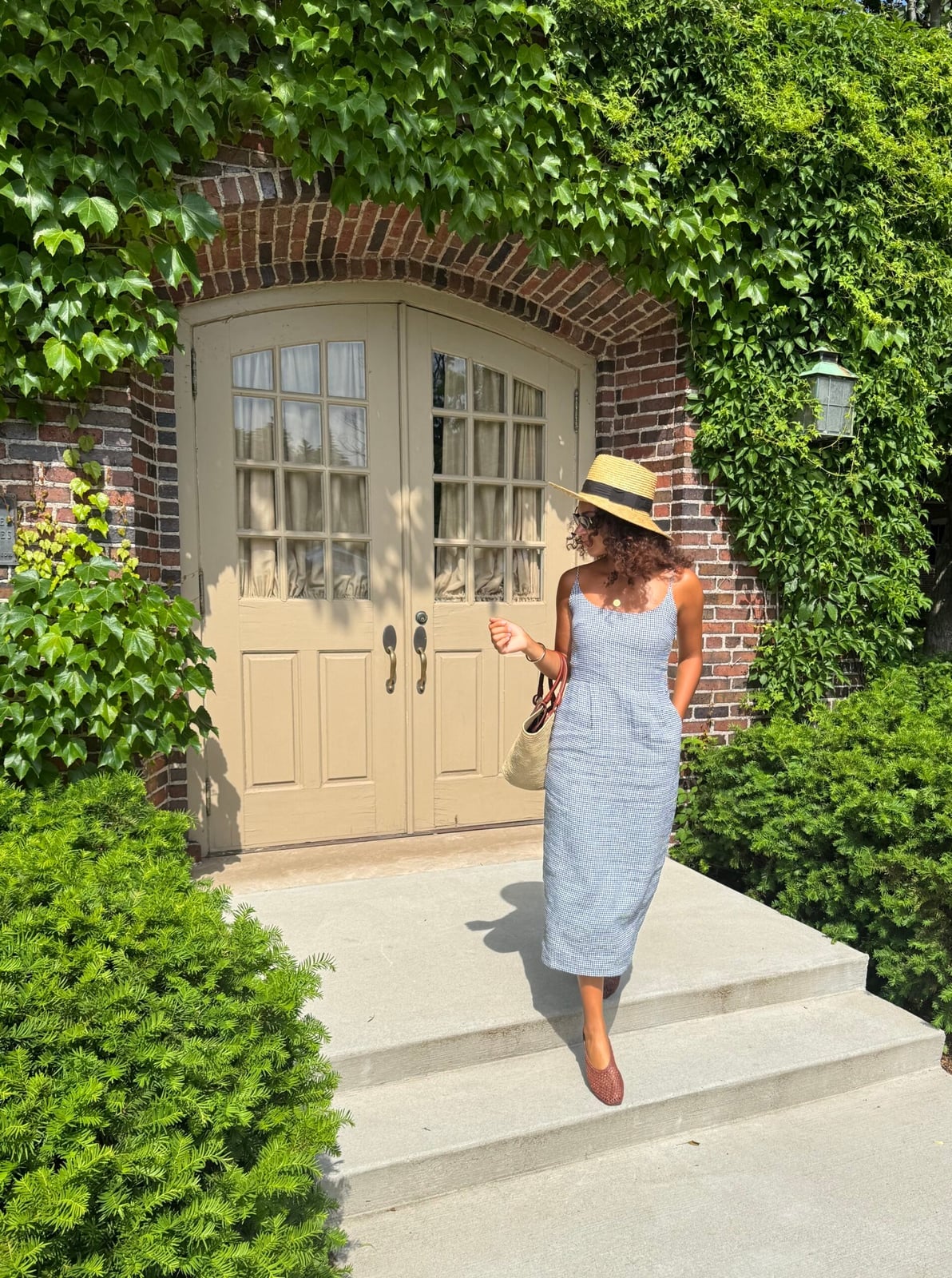 Gingham Midi Dress with Straw Hat — Elegant Hot Weather Outfits