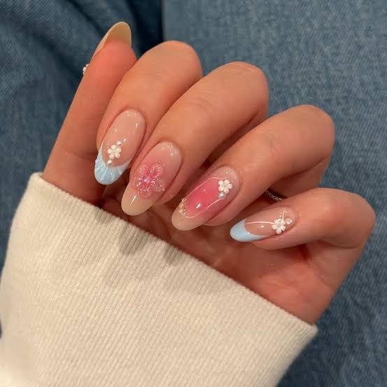 Medium Almond Floral French Gradient Nails — Elegant Korean Nail Art