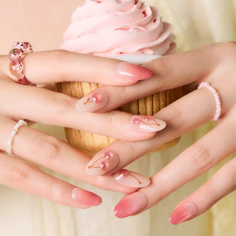 Short Almond Cherry Charm Gradient Nails — Elegant Korean Nail Art
