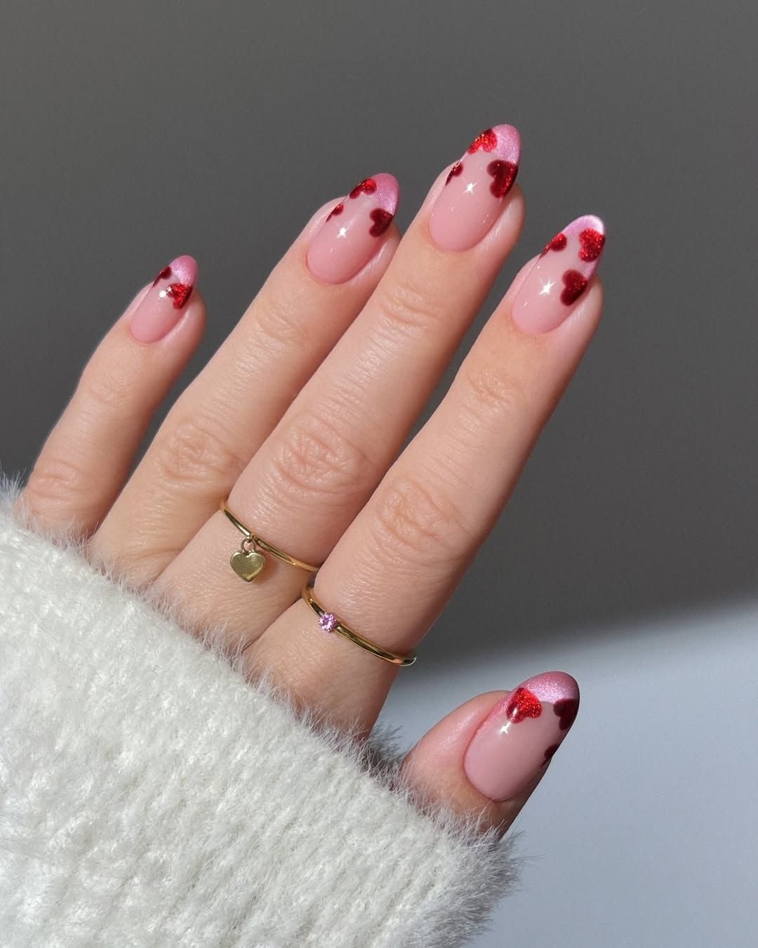 Medium Almond Pink Glitter French Heart Nails — Elegant Korean Nail Art