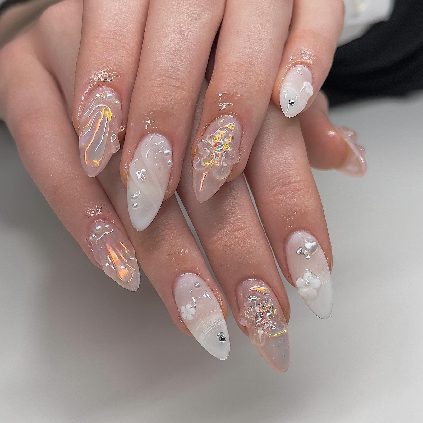 Medium Oval Sheer Nude Pearl Nails — Elegant Korean Nail Art