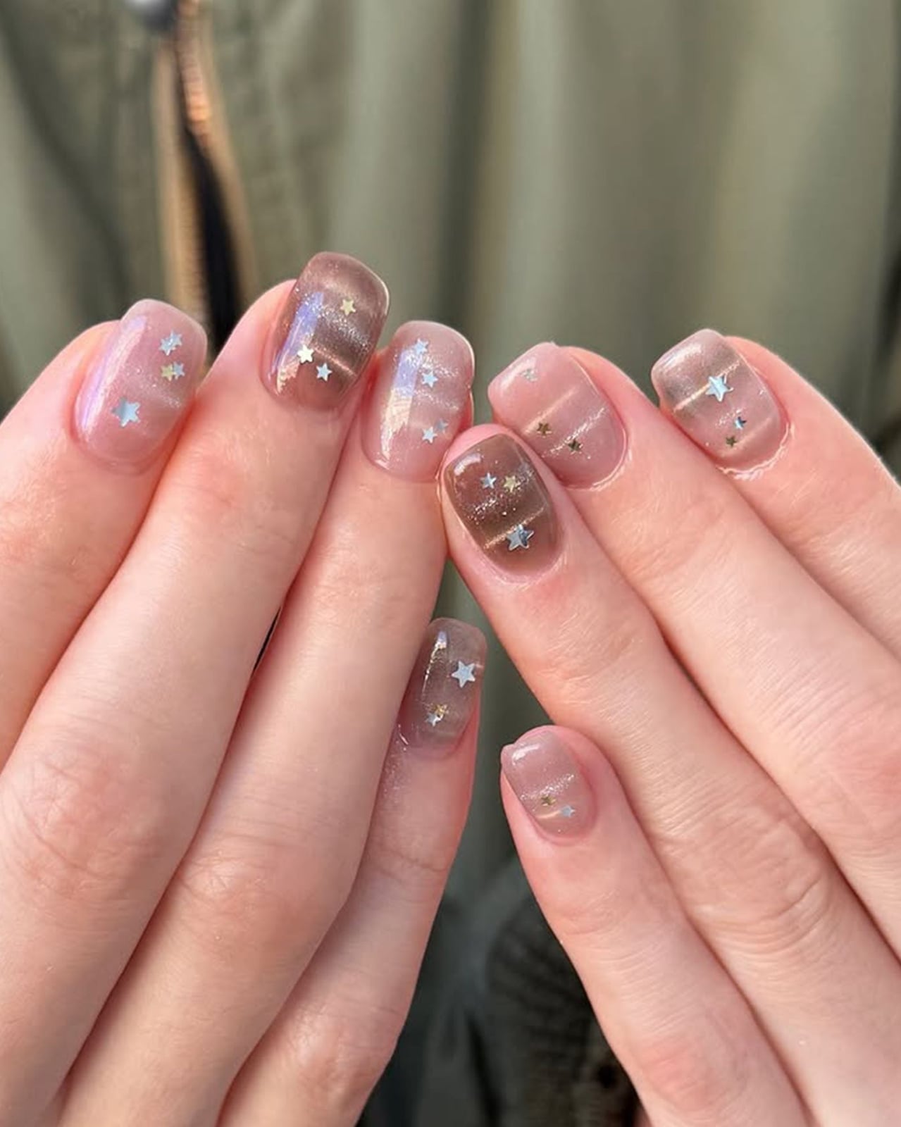 Short Square Nude Stars Cat-Eye Nails — Elegant Korean Nail Art