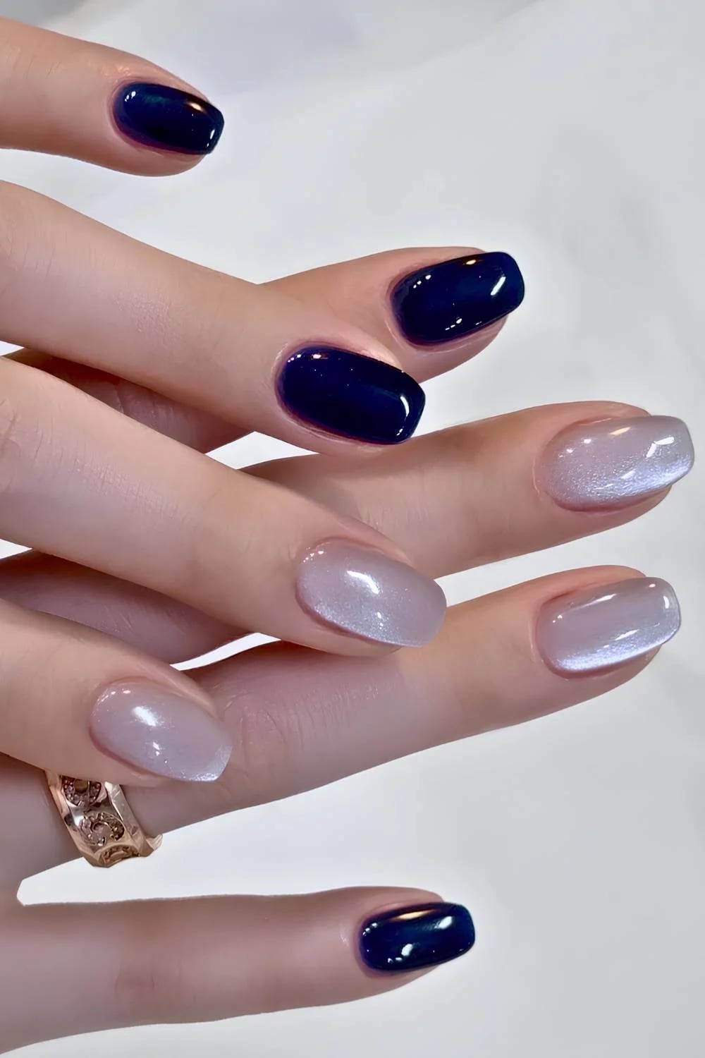 Short Square Navy and Gray Cat-Eye Nails — Elegant Korean Nail Art