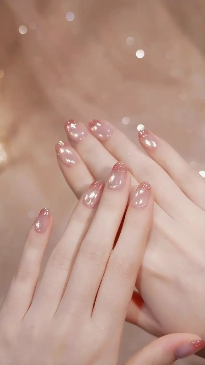 Short Almond Jelly Pearl Bead Nails — Elegant Korean Nail Art