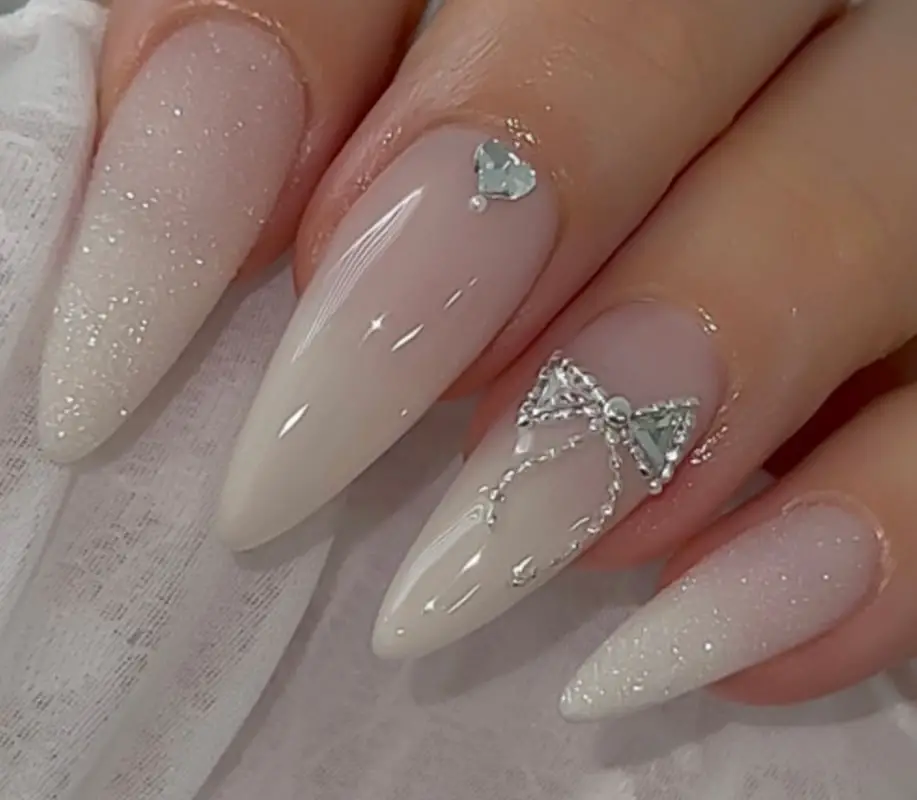 Long Almond 3D Floral Dewdrop Nails — Elegant Korean Nail Art