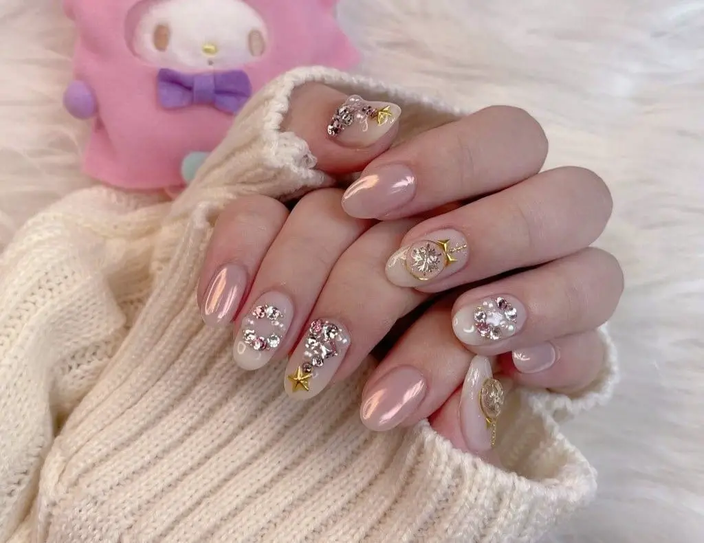 Long Almond Glitter Bow Rhinestone Nails — Elegant Korean Nail Art