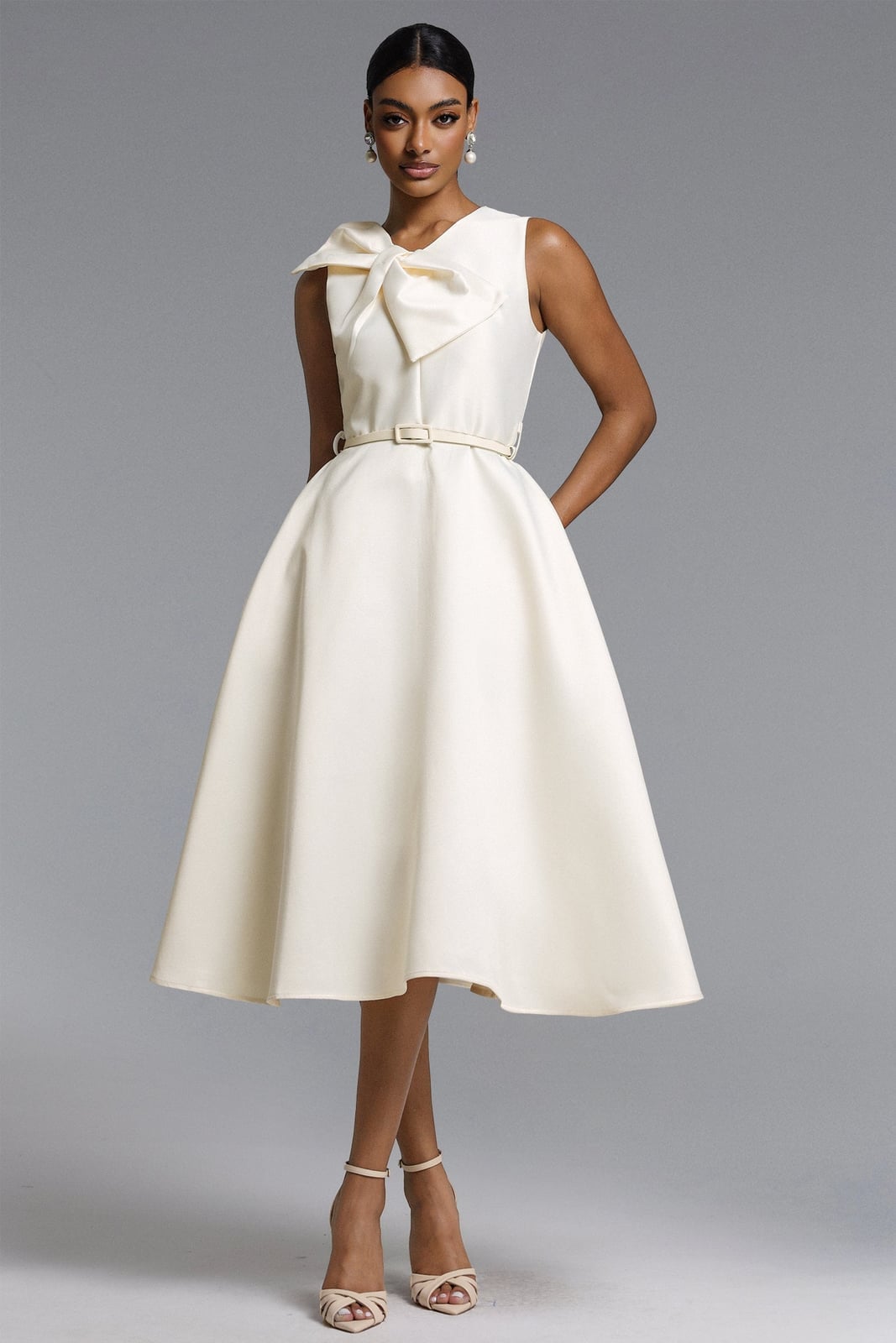 Fallon Elegant Tailored Sleeveless Bow Detailed Woven Midi Dress | Goddiva