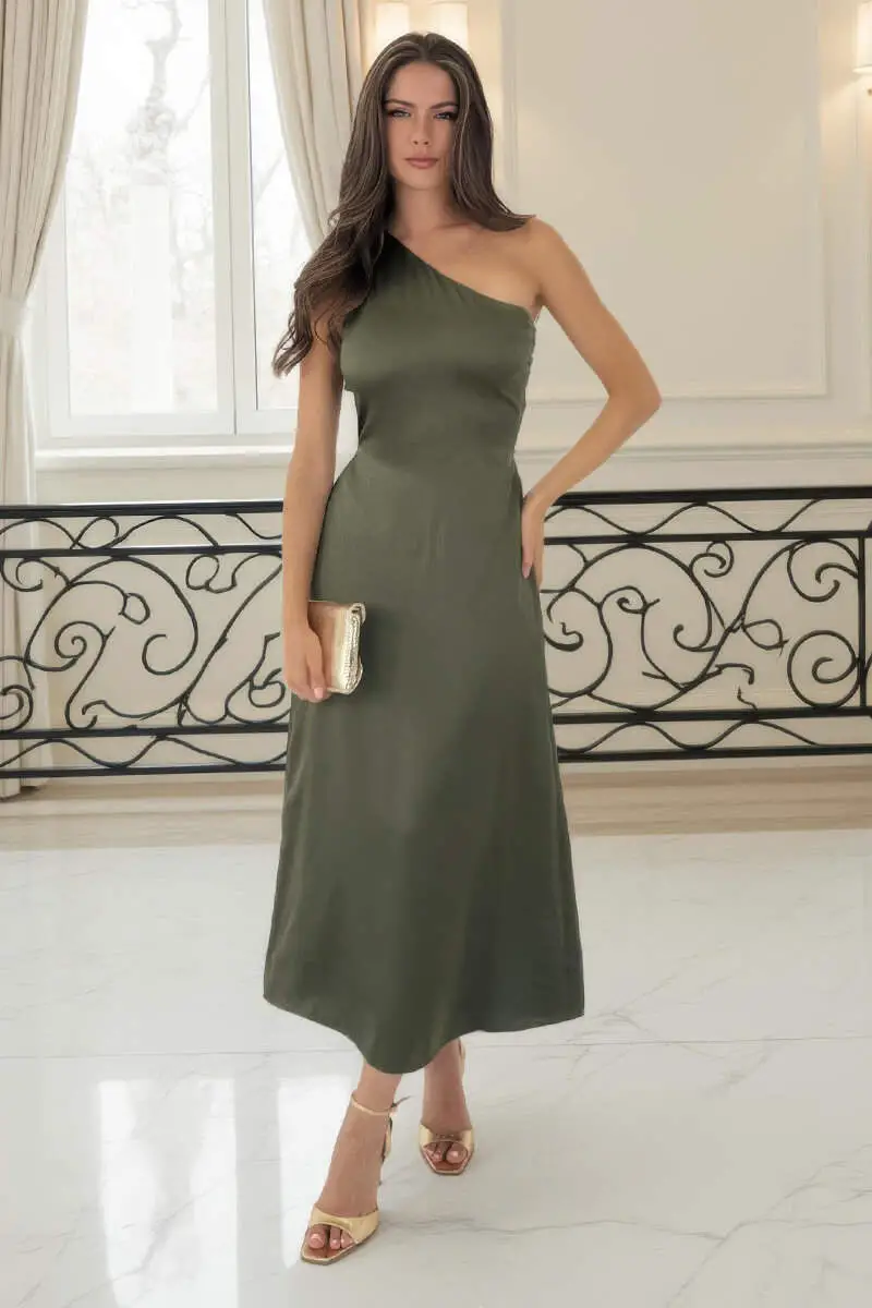 Olive Green Satin One-Shoulder Midi Dress — Elegant Midi Dresses