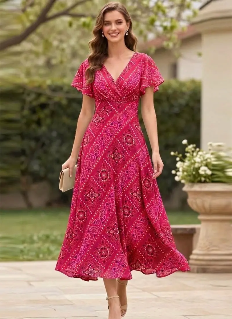 Pink And Purple Printed Flutter Sleeve Midi Dress — Elegant Midi Dresses