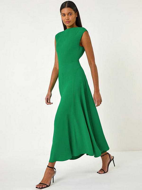Vibrant Green High Neck Fit-and-Flare Midi Dress — Elegant Midi Dresses