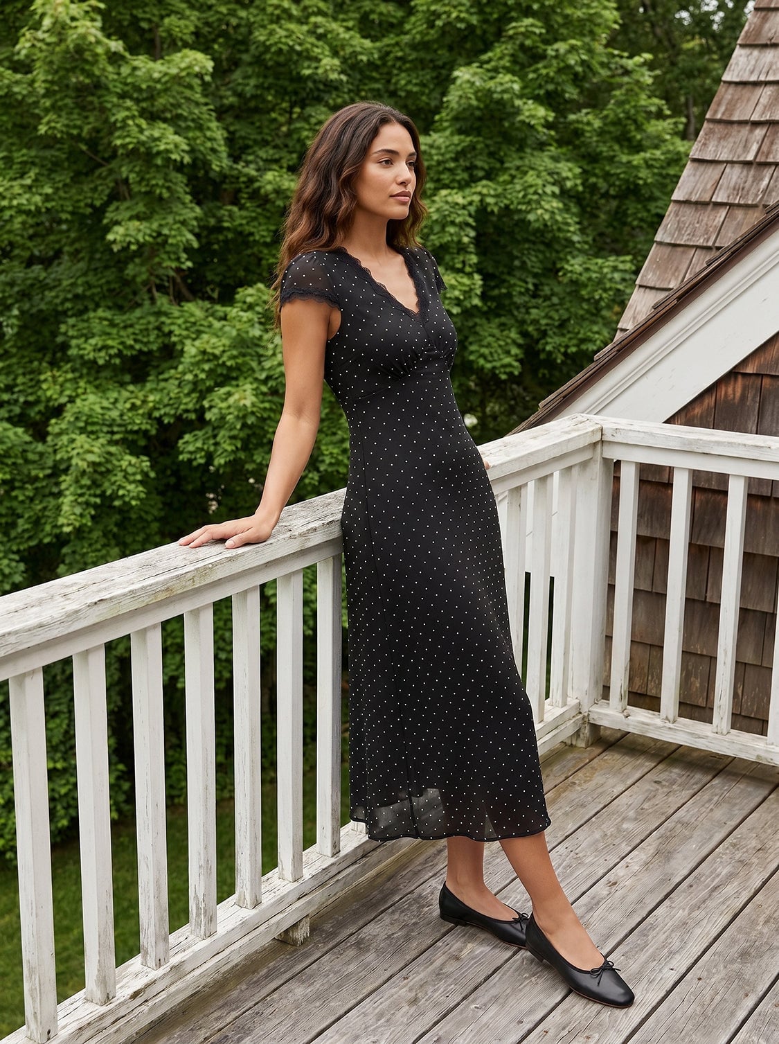 Black Polka Dot Midi Dress With Fitted Bodice — Elegant Midi Dresses