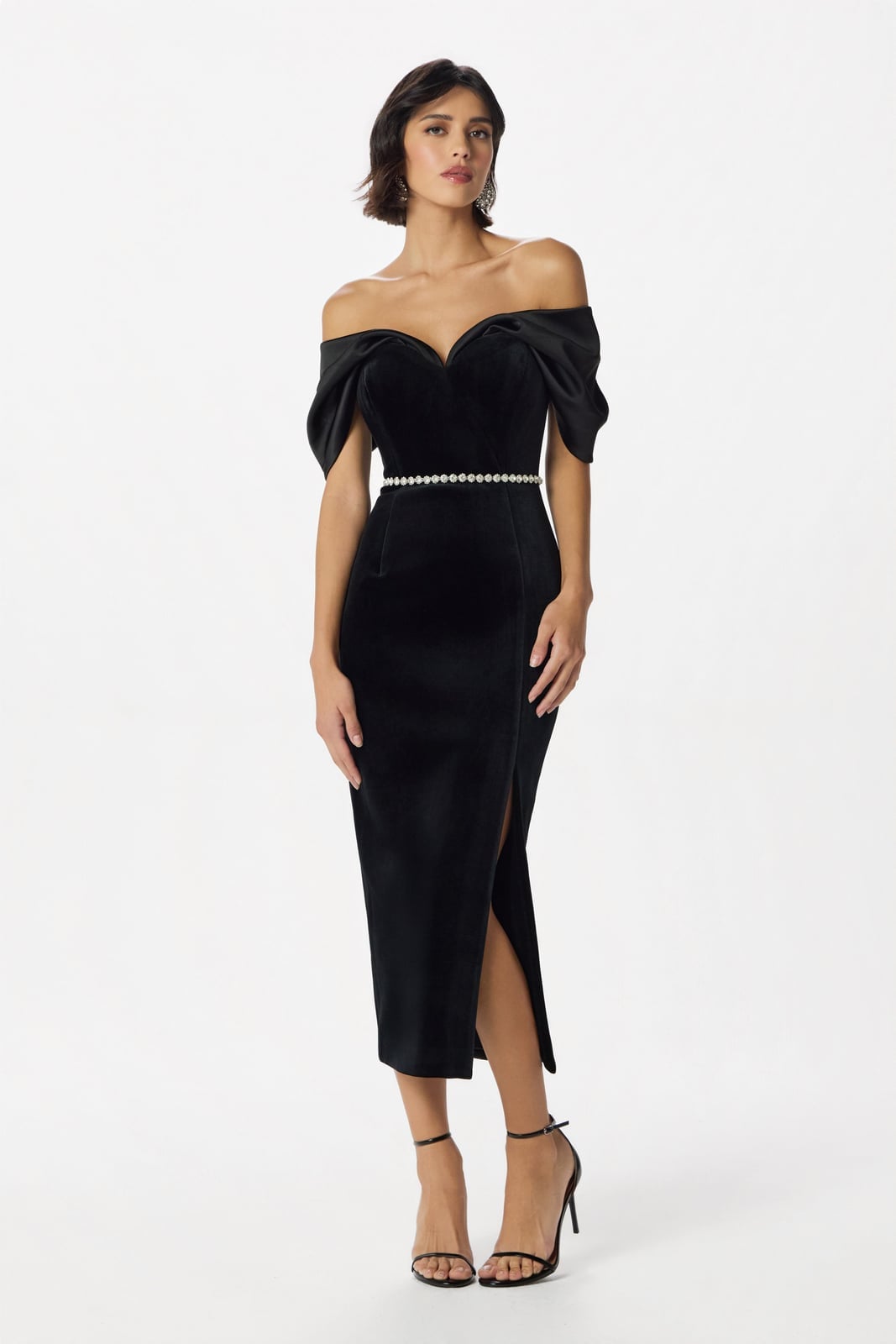 Black Velvet Off-Shoulder Midi Dress, Close-Up Take — Elegant Midi Dresses